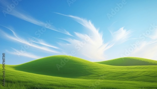 Beautiful landscape of grassy hills and soft, flowing clouds in the sky.