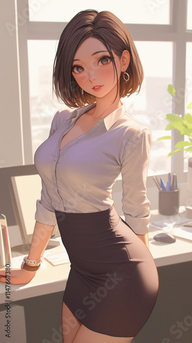 kawaii anime cartoon style business woman in office work background