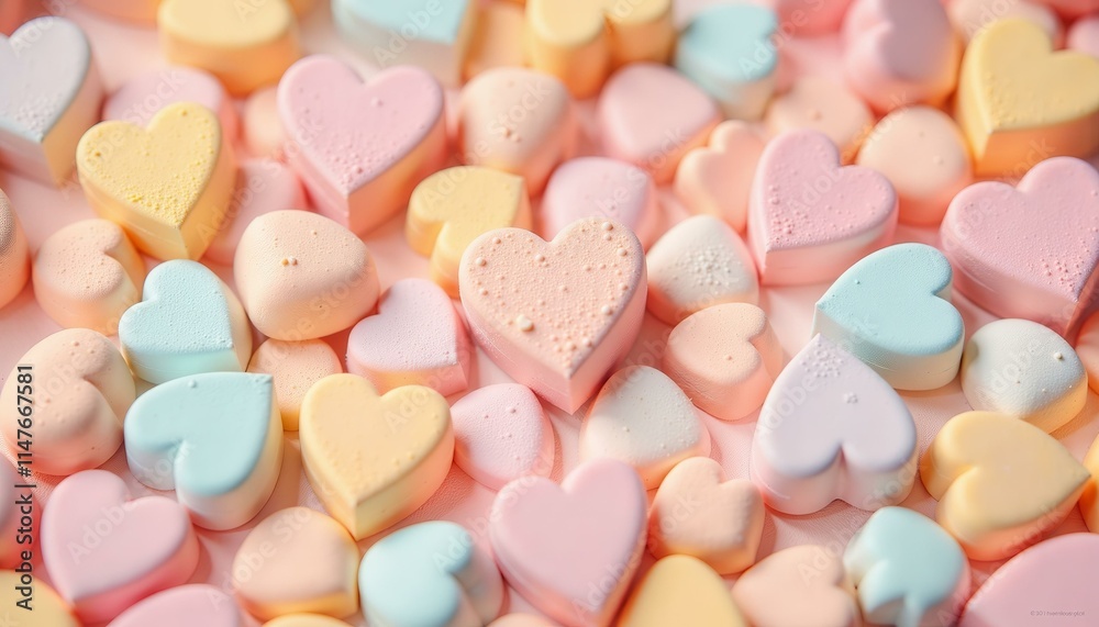 Fototapeta premium Pastel colored heart shaped candies arranged on a light pink surface representing love and confection, ideal for Valentines or sweets themes.