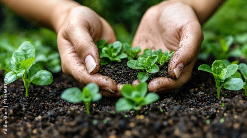 Hands nurturing young plants in soil, symbolizing growth and care for the environment. Hands nurturing young plants in soil, symbolizing growth and care for the environment.