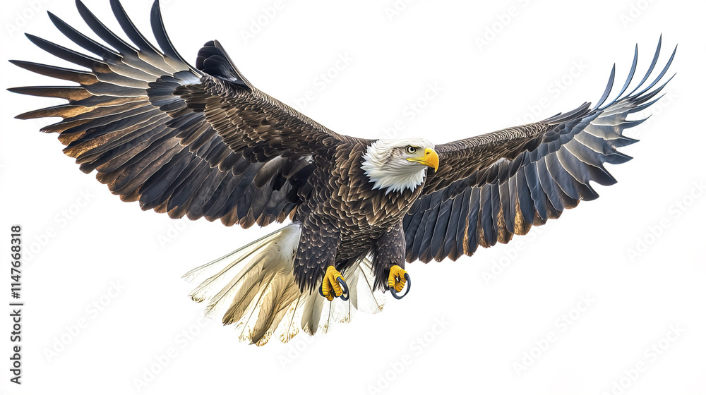 Obraz premium Majestic bald eagle soaring with wings spread wide against white background