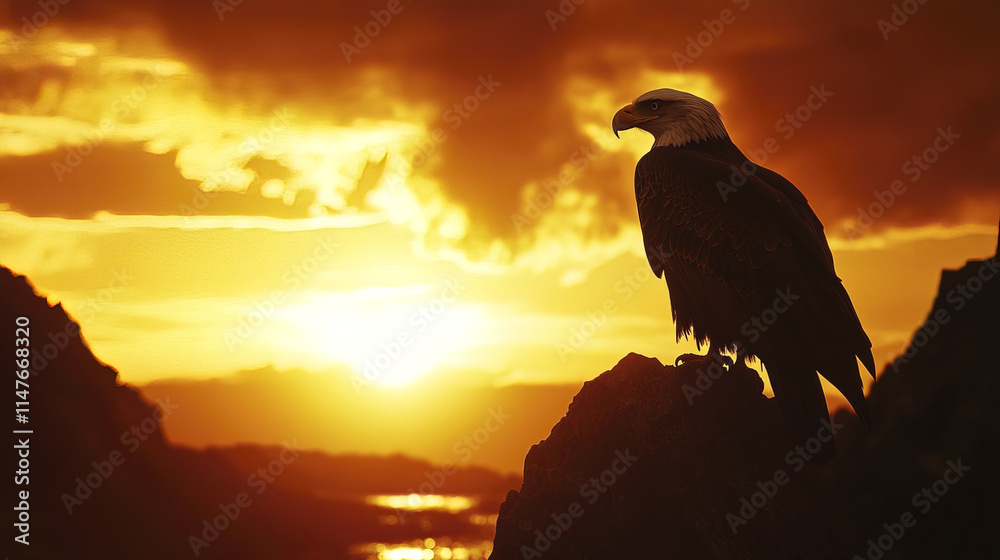 Fototapeta premium Majestic eagle silhouetted against fiery sunset, evoking awe and beauty