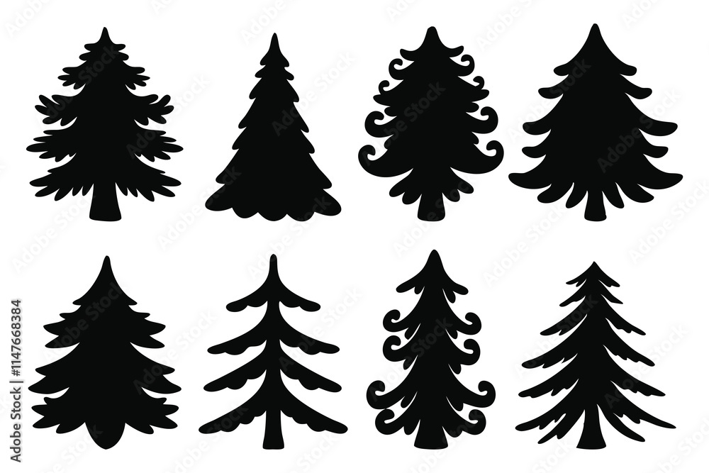 Obraz premium Christmas Pine tree silhouettes set isolated flat vector illustration on white background