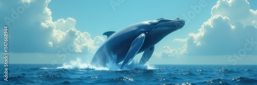 Humpback whale breaching from the ocean against a blue sky with white billowing clouds illustration, celebrating the majesty and power of nature. photo