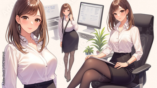 kawaii anime cartoon style business woman in office work background
