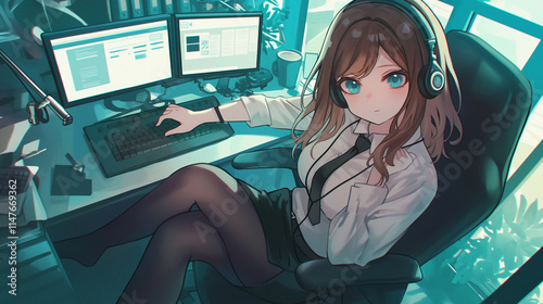 kawaii anime cartoon style business woman in office work background