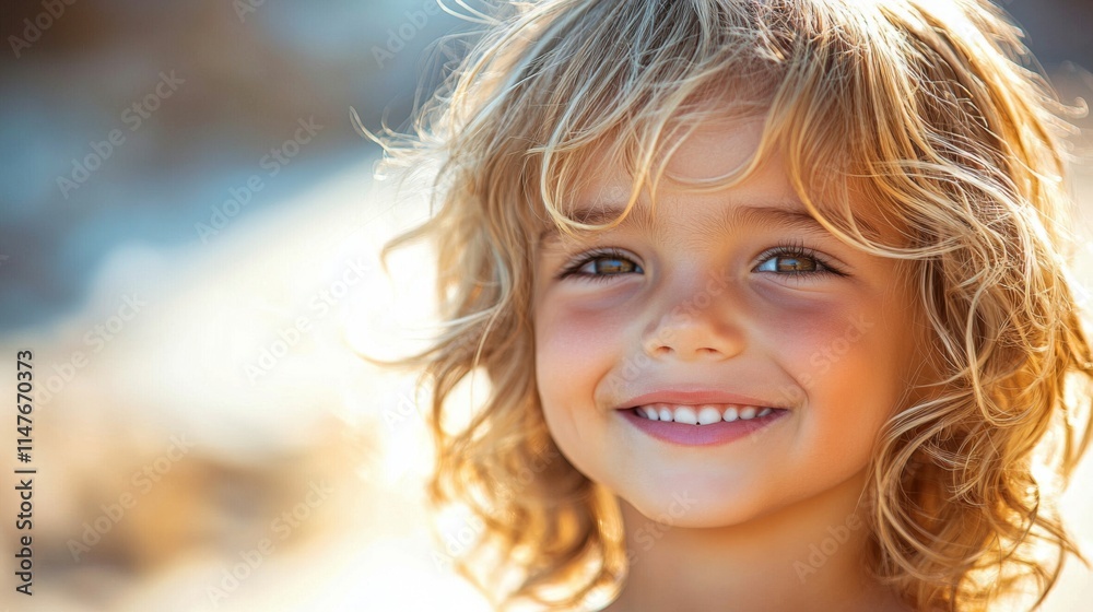 A joyful child with tousled hair smiles brightly against a sunny, blurred background, capturing the essence of happiness and innocence. A joyful child with tousled hair smiles brightly against a sunny, blurred background, capturing the essence of happiness and innocence.