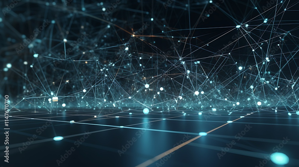 Obraz premium Abstract digital network connection. Glowing lines and nodes form a complex web, representing data flow and connectivity.