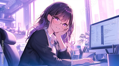 kawaii anime cartoon style business woman in office work background