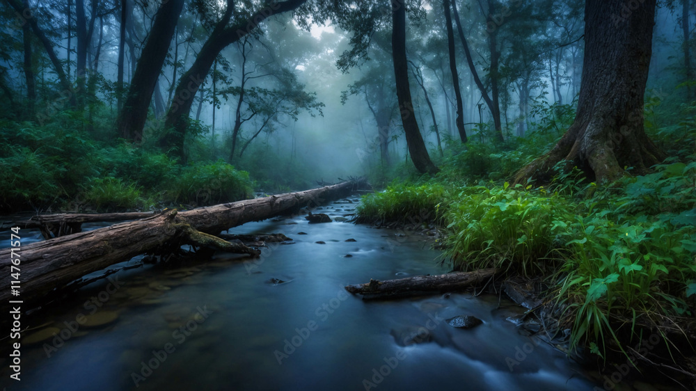 A tranquil river flowing through a misty forest landscape with tall grass and soft fog surrounding the nature scene A tranquil river flowing through a misty forest landscape with tall grass and soft fog surrounding the nature scene