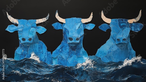 A creative collage featuring sea oxen made from torn blue cardboard, with dynamic waves below. The striking design is set against a bold black background, blending abstract art and oceanic themes photo