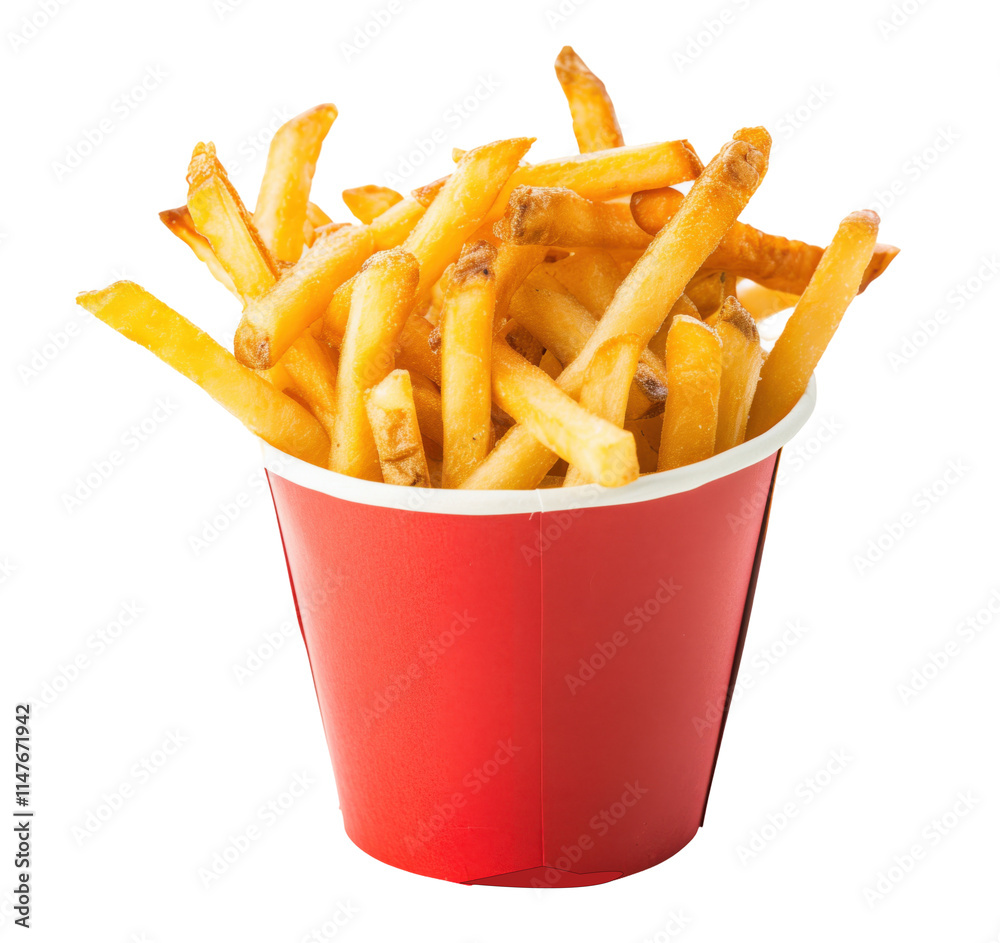 French fries in red paper bucket isolated on white background png transparent clipart. French fries in red paper bucket isolated on white background png transparent clipart.