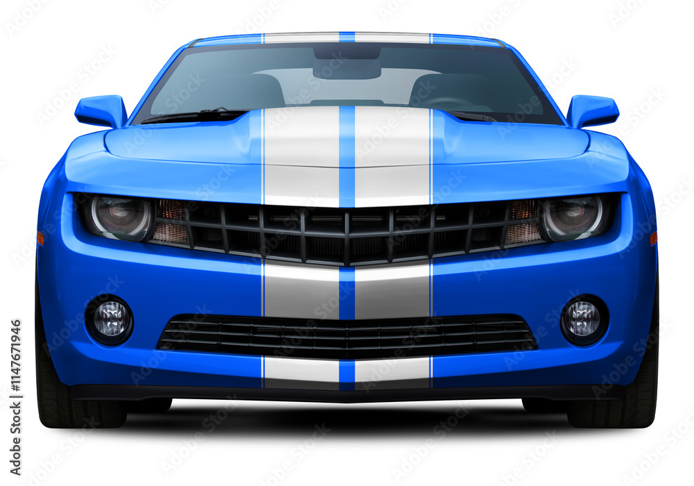 Powerful American blue muscle car front view. With white stripes in the center. Isolated on a transparent background in PNG format. Powerful American blue muscle car front view. With white stripes in the center. Isolated on a transparent background in PNG format.