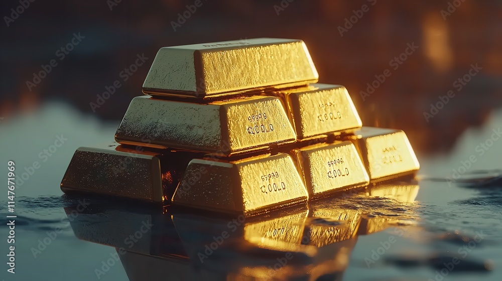Gold Bullion Bars Stacked Neatly on a Reflective Surface Gold Bullion Bars Stacked Neatly on a Reflective Surface
