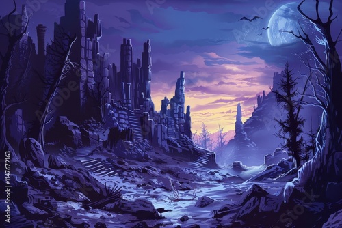 A Moonlit, Ruined City in a Desolate Landscape