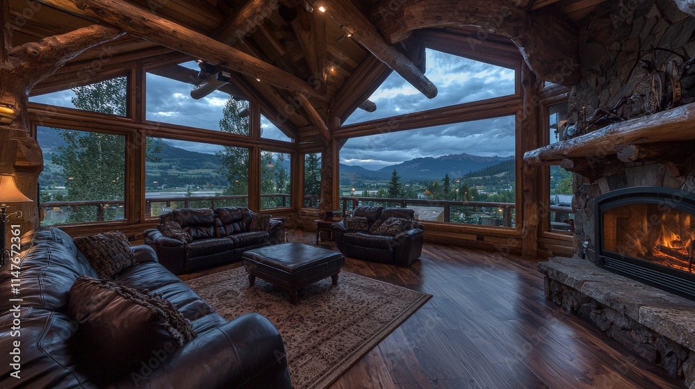 Luxurious log cabin living room with panoramic mountain view, fireplace, and leather furniture. Luxurious log cabin living room with panoramic mountain view, fireplace, and leather furniture.