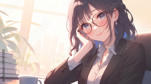 kawaii anime cartoon style business woman in office work background