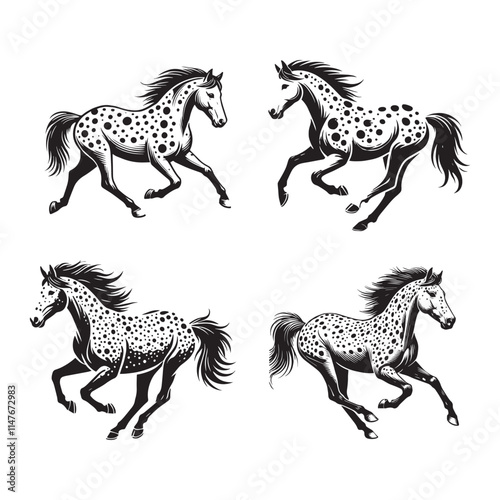 Dynamic Running Appaloosa Horse Silhouettes Isolated on White Background"