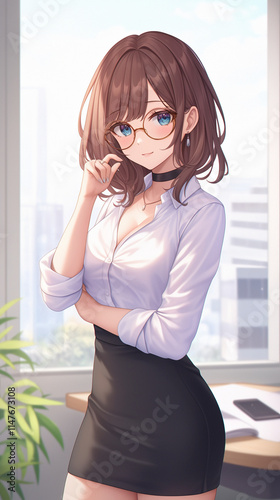 kawaii anime cartoon style business woman in office work background