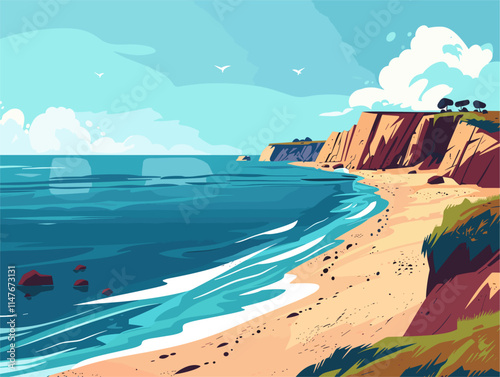 Vectorized Coastline Panorama - Animated Landscape Art in Clean, Complex Style
