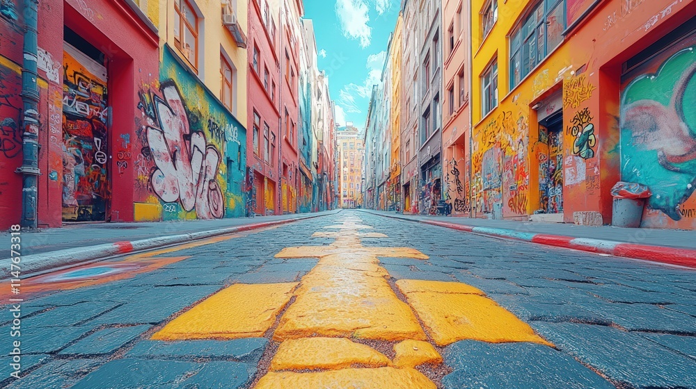 Fototapeta premium Graffiti-covered street, colorful buildings, cobblestone road.
