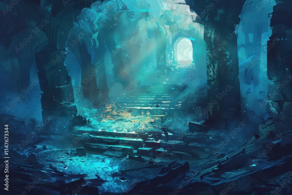Blue and Green Light Illuminates a Ruined Stone Staircase Blue and Green Light Illuminates a Ruined Stone Staircase