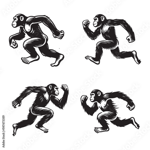 4 Set of Black Running Chimpanzee Silhouettes Isolated on White Background photo