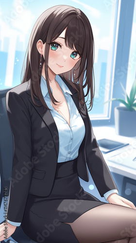 kawaii anime cartoon style business woman in office work background
