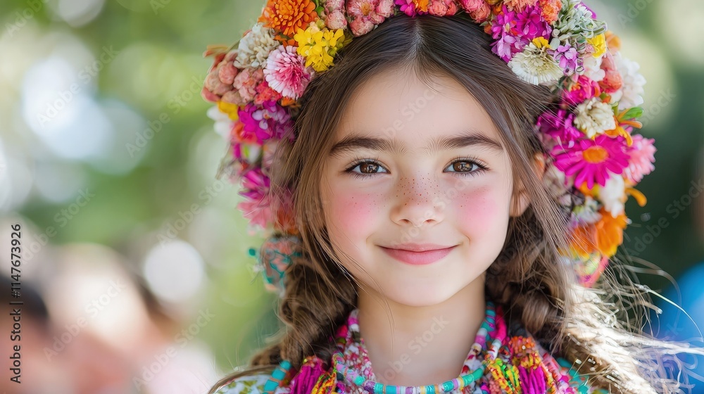 Smiling girl with floral crown and traditional attire. Smiling girl with floral crown and traditional attire.