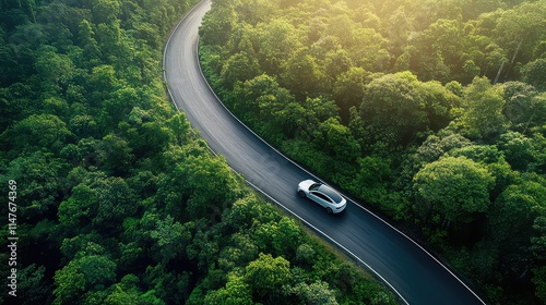 EV car, Electric car or hydrogen energy car on road midst forest and natural. Environmental friendly travel.