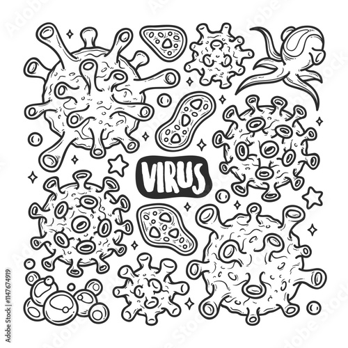 Quirky Hand-Drawn Virus Doodle with Germs and Microbial Details photo