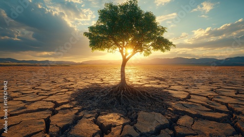 Lone tree with exposed roots in drought-stricken land at sunset. photo