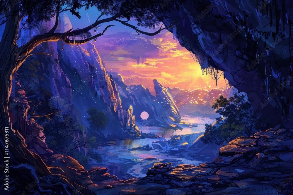 Fototapeta premium A Dreamlike View Through a Cave Opening with a River and a Distant Sunset
