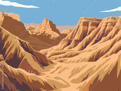 Badlands: Layers of Time Unveiled - Animated Illustration of Nature's Majestic Canvas