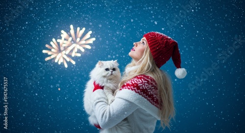 Girl holding a Cat celebration new years and Christmas, 2024 and 2025 holyday, ai generative