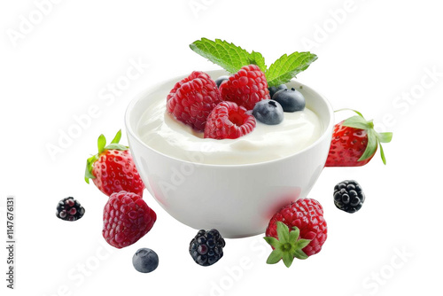 Yogurt Topped with Fresh Berries and Mint Creates a Healthy Delight.