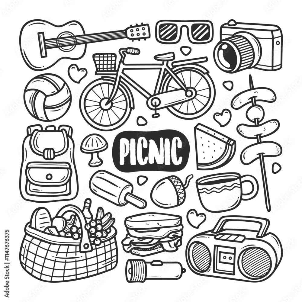 Fototapeta premium Delightful Hand-Drawn Picnic Doodle with Food and Outdoor Fun