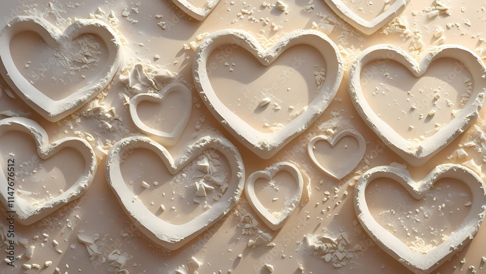 Heart-shaped cookie cutters are neatly arranged on a pale surface, surrounded by a light dusting of flour. This setup is ideal for Valentine’s Day baking with loved ones. Heart-shaped cookie cutters are neatly arranged on a pale surface, surrounded by a light dusting of flour. This setup is ideal for Valentine’s Day baking with loved ones.
