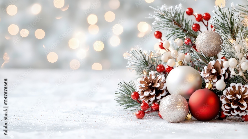 Fototapeta premium Festive Christmas decoration with pine cones, berries, and ornaments on snowy surface.