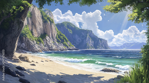 serene beach scene with towering cliffs, gentle ocean waves, and lush greenery