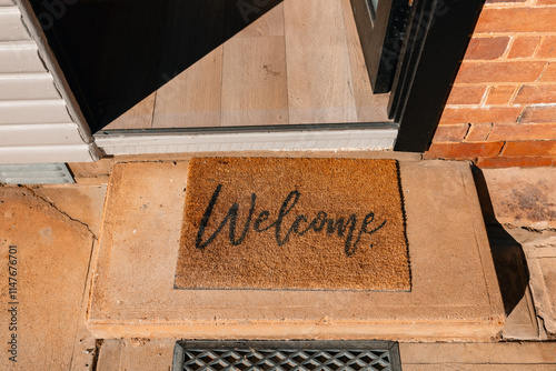 Welcome doormat at house entrance with warm message on a sunny day photo