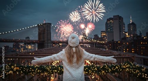 Happy gorgeous girl in winter clothes celebrating New Years with fireworks, having fun at New Year's Eve Party, AI Generative