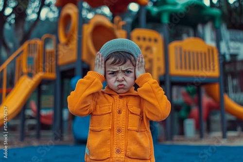 Angry Toddler in Orange Jacket at Playground