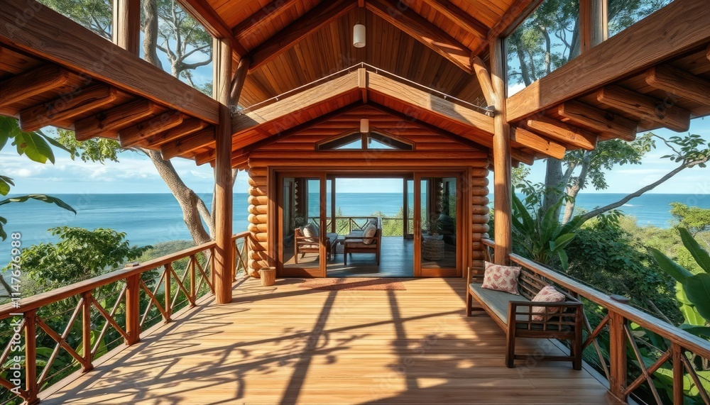 A wooden house with an outdoor terrace, surrounded by lush greenery and overlooking the ocean A wooden house with an outdoor terrace, surrounded by lush greenery and overlooking the ocean