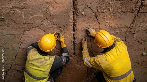 Workers repairing an old foundation, carefully injecting epoxy into cracks, surrounded by tools  photo