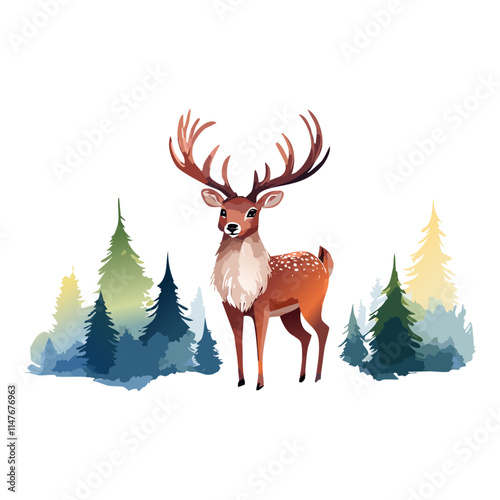 Majestic Deer in Winter Forest, Pine Trees, Nature Scene