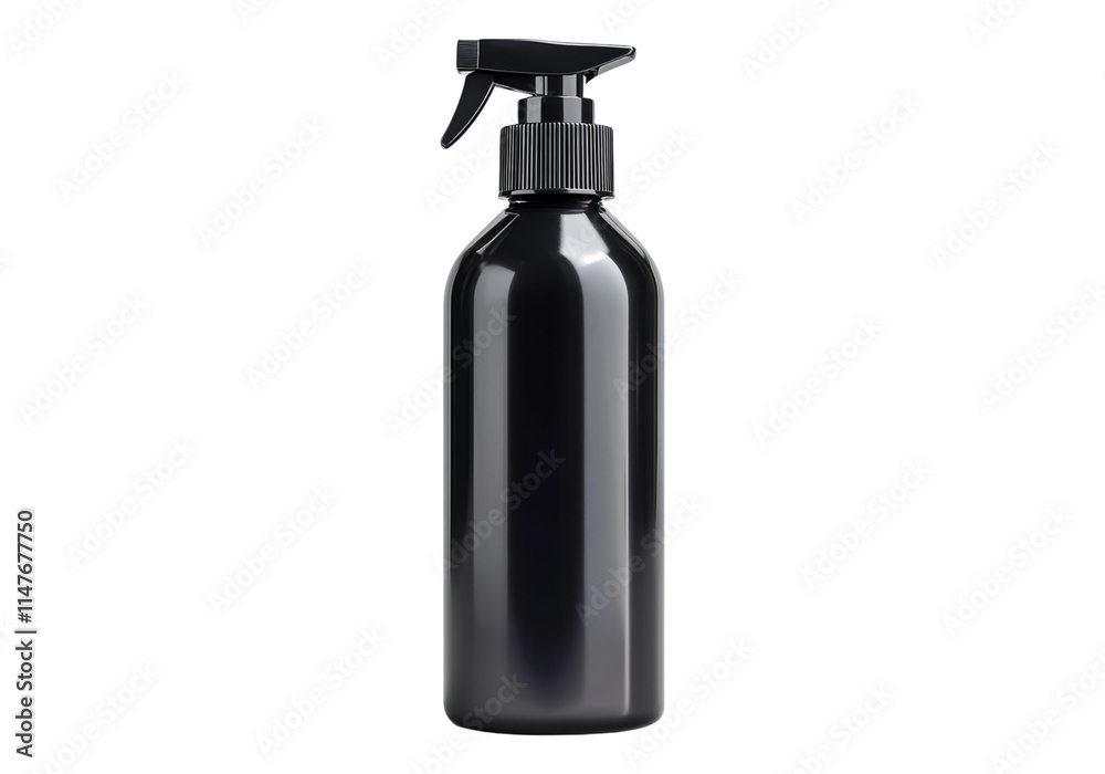 Black plastic spray bottle .Transparent background .Isolated PNG
