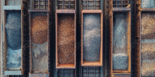 Open freight railway wagons filled with crushed stone showcase effective freight transportation of bulk building materials by rail. Aerial view highlights the load in open freight railway wagons. photo