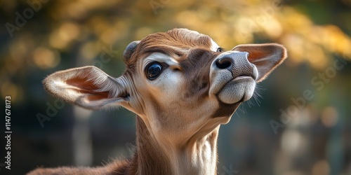 Close up view of a young brown zebu curiously extending its head and snout upward, capturing the inquisitive nature of the zebu in this detailed portrait shot. photo