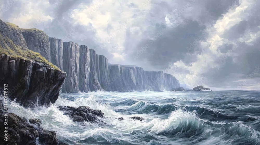 Majestic cliffs rising steeply above turbulent ocean under dramatic skies Majestic cliffs rising steeply above turbulent ocean under dramatic skies